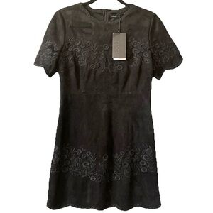 Zara Black Faux Suede Embroidered Mini Dress Mesh Cutout Scalloped Hem NWT M